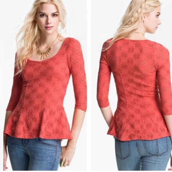 Free People Coral Lace Peplum Blouse - Picture 1 of 8